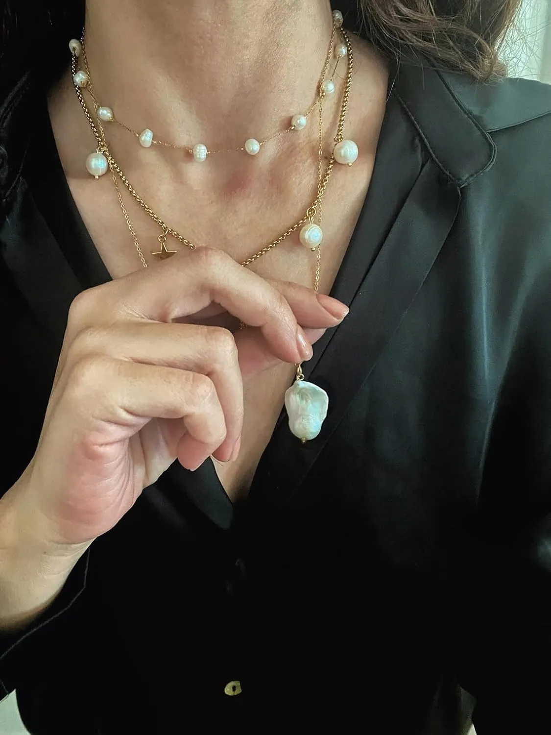 PEARLADA 18k Gold Chain Long Necklace, Boho Sweater Necklace for Women, Geometric Pendant Y Necklace