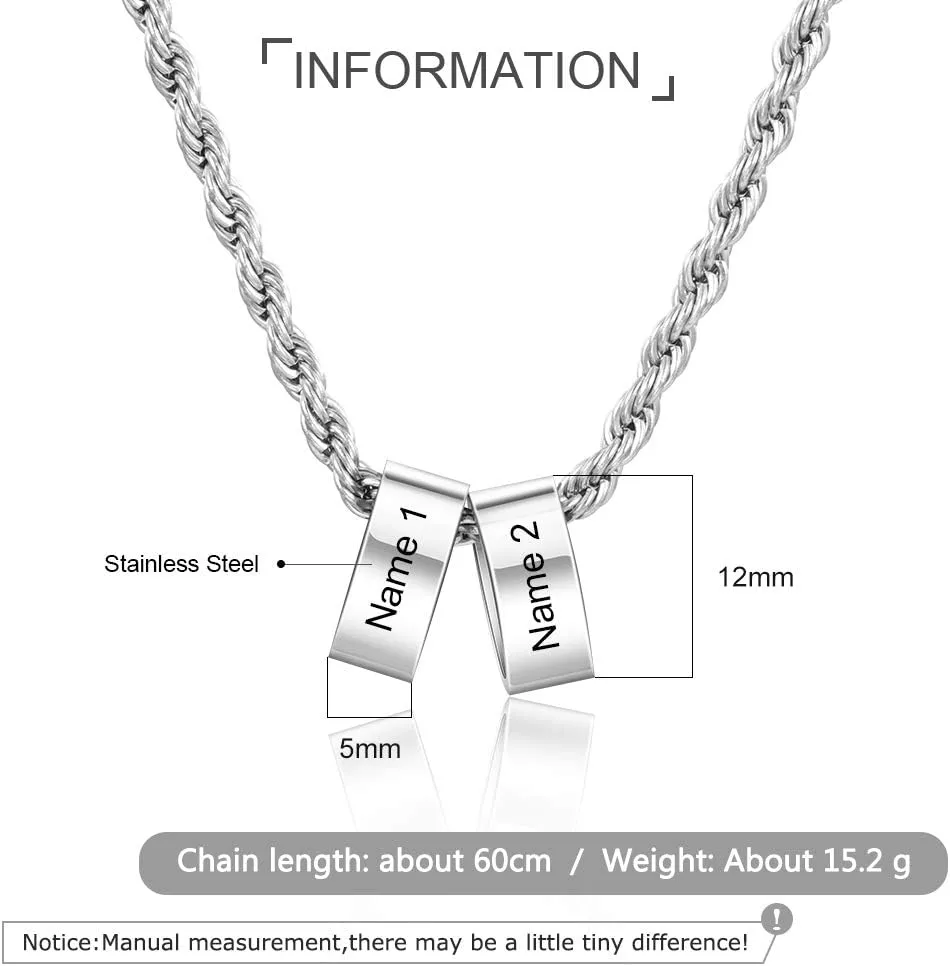 Personalized Men's Necklace Engraved 2-5 Name Beads Charm Necklace for Him Gifts for Friend Father Dad Initial Stainless Steel Pendants