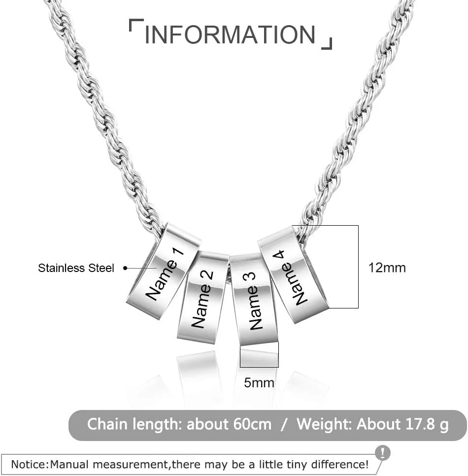 Personalized Men's Necklace Engraved 2-5 Name Beads Charm Necklace for Him Gifts for Friend Father Dad Initial Stainless Steel Pendants