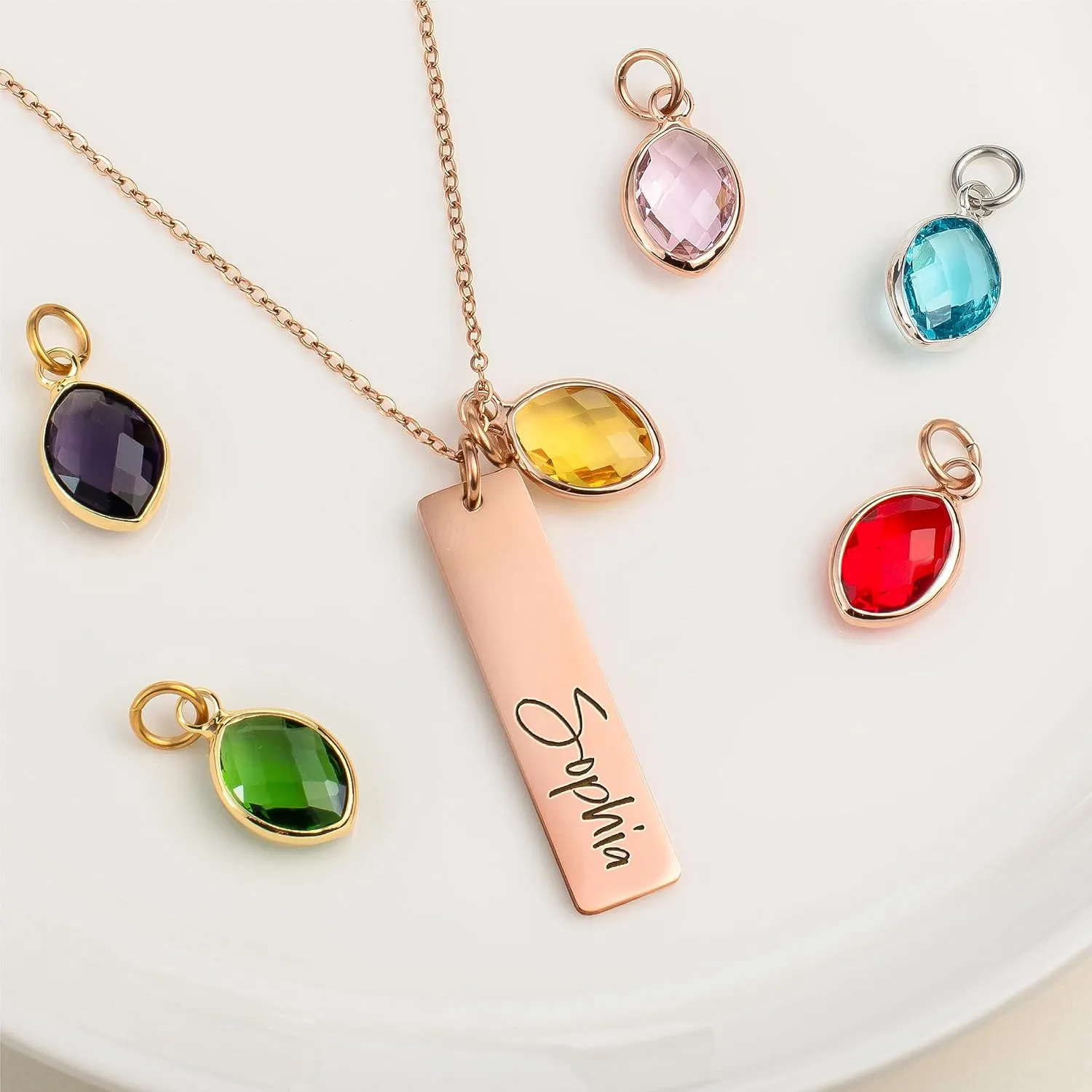 Personalized Name Necklace with Name and Birthstone, Custom Single Rectangular Pendant with Name and Birthstone, Birthday Gifts for Women, Mom, Girls - Silver One Bar