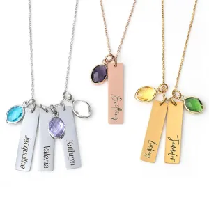 Personalized Name Necklace with Name and Birthstone, Custom Single Rectangular Pendant with Name and Birthstone, Birthday Gifts for Women, Mom, Girls - Silver One Bar