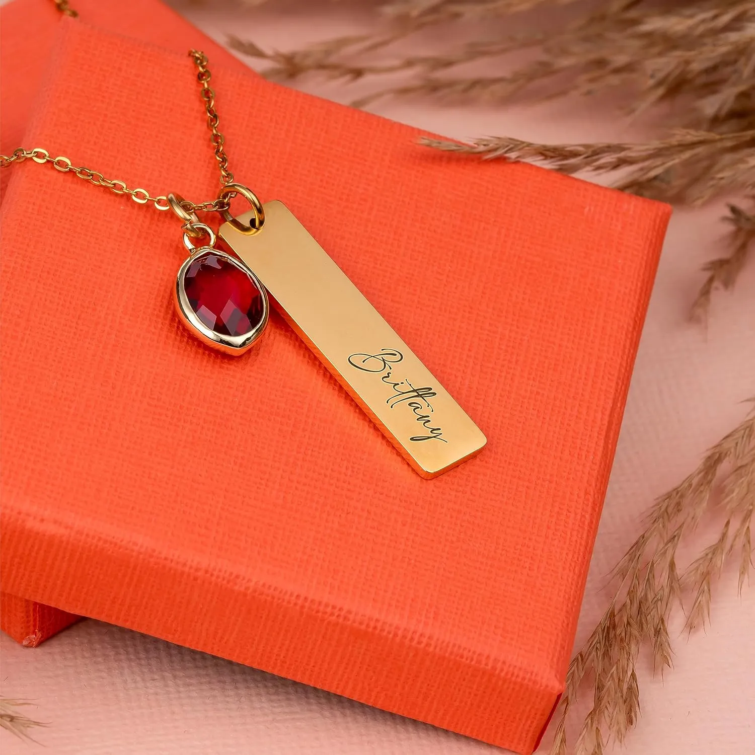 Personalized Name Necklace with Name and Birthstone, Custom Single Rectangular Pendant with Name and Birthstone, Birthday Gifts for Women, Mom, Girls - Silver One Bar