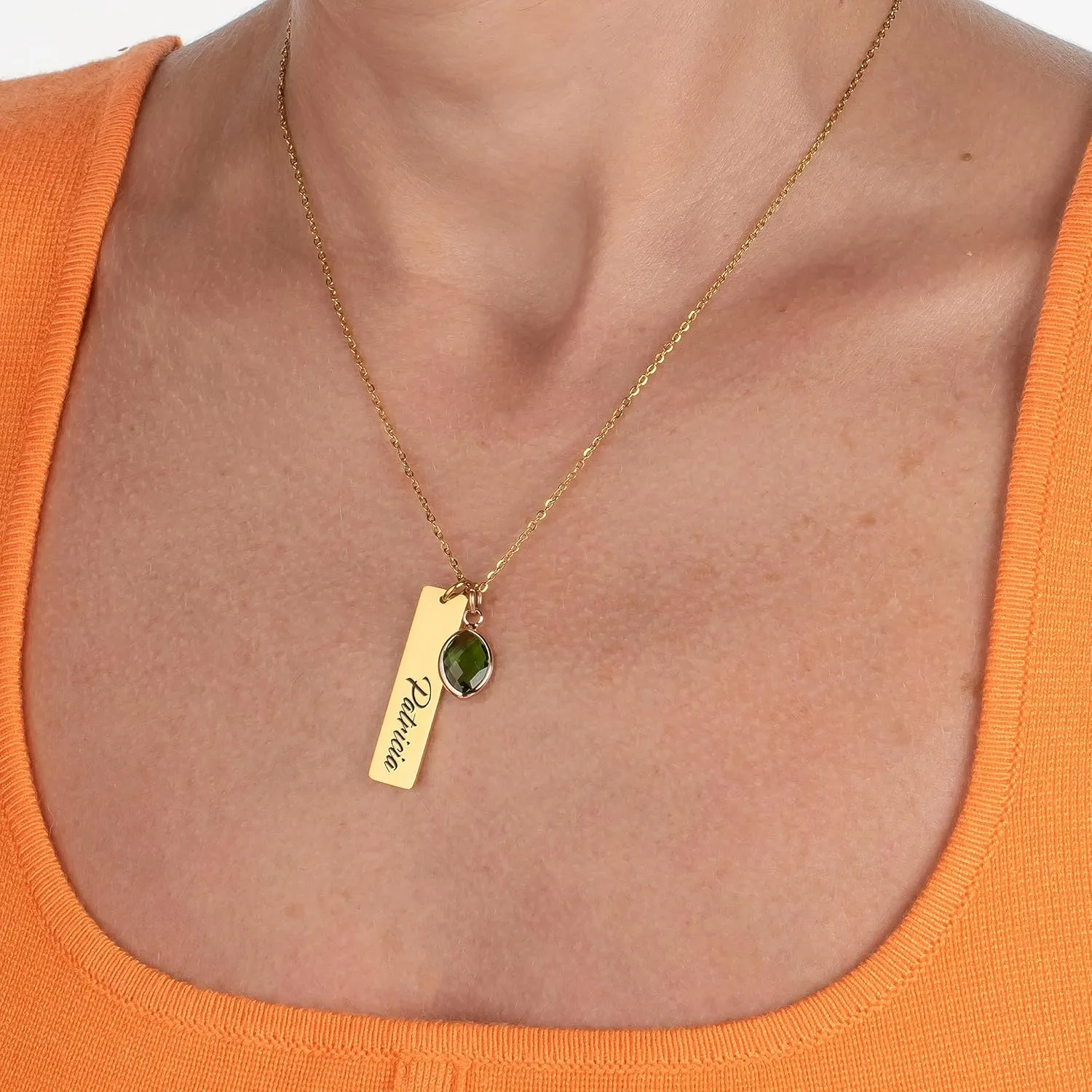 Personalized Name Necklace with Name and Birthstone, Custom Single Rectangular Pendant with Name and Birthstone, Birthday Gifts for Women, Mom, Girls - Silver One Bar