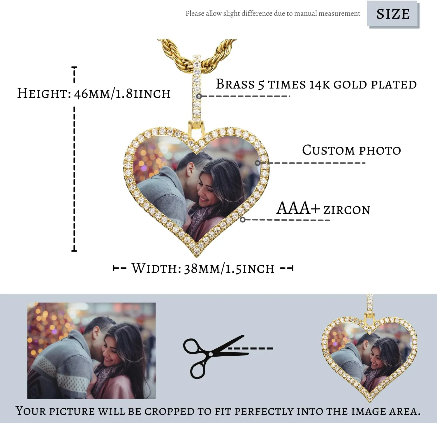 Personalized Picture Necklace, Iced Out Hip Hop Custom Photo Pendant With Stainless Steel Rope Chain Nickel Free, Customized Memorial Pendants With Engraved Name, 14k Gold plated Charms for Souvenir Lulu Mel
