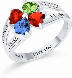 Personalized Sterling Silver Mothers Rings with 4 Birthstones Engraved Mom gift Anniversary Promise Rings fine jewelry for Women (sterling-silver)