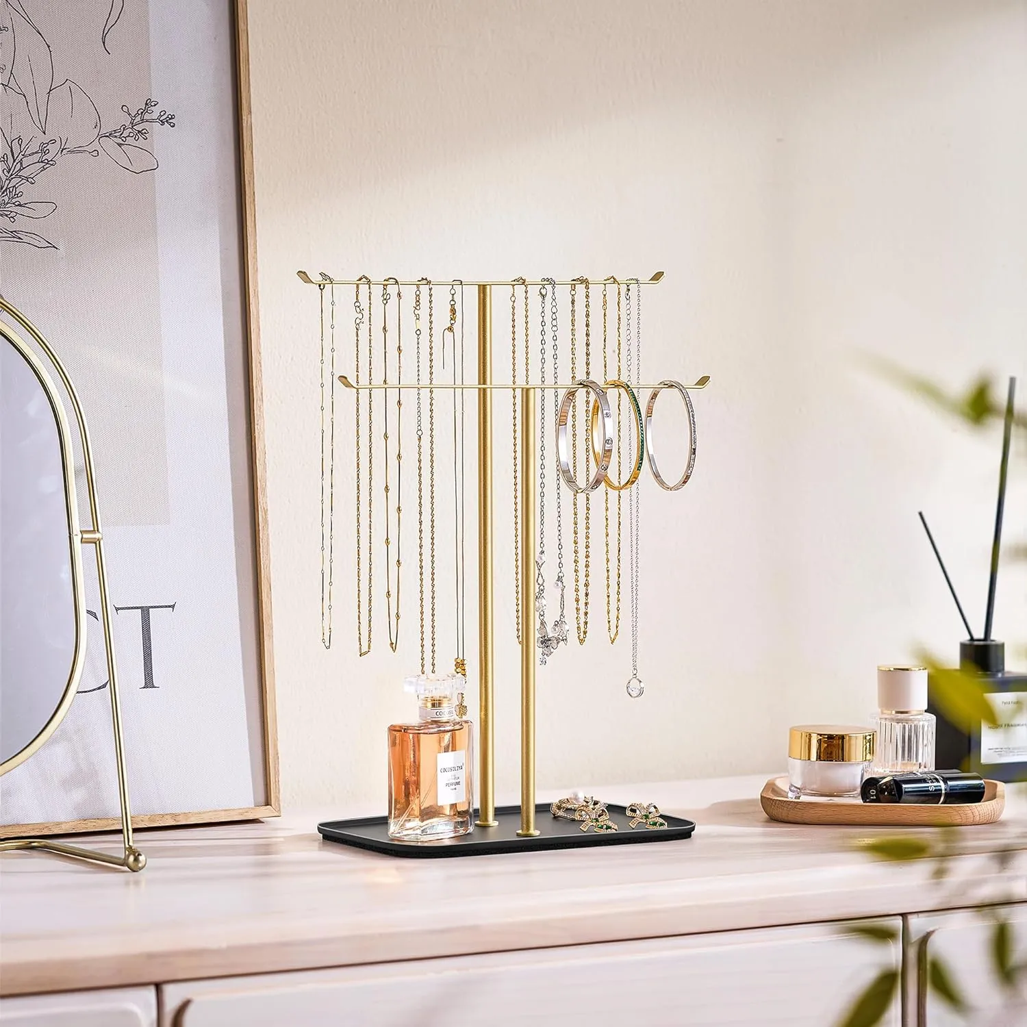 pickpiff Necklace Holder Jewelry Organizer Stand  2Tier TBar Jewelry Display Tree with Tray for Countertop Necklace Bracelet Earring Storage, Vanity Dresser Bathroom Sink, Black-Gold