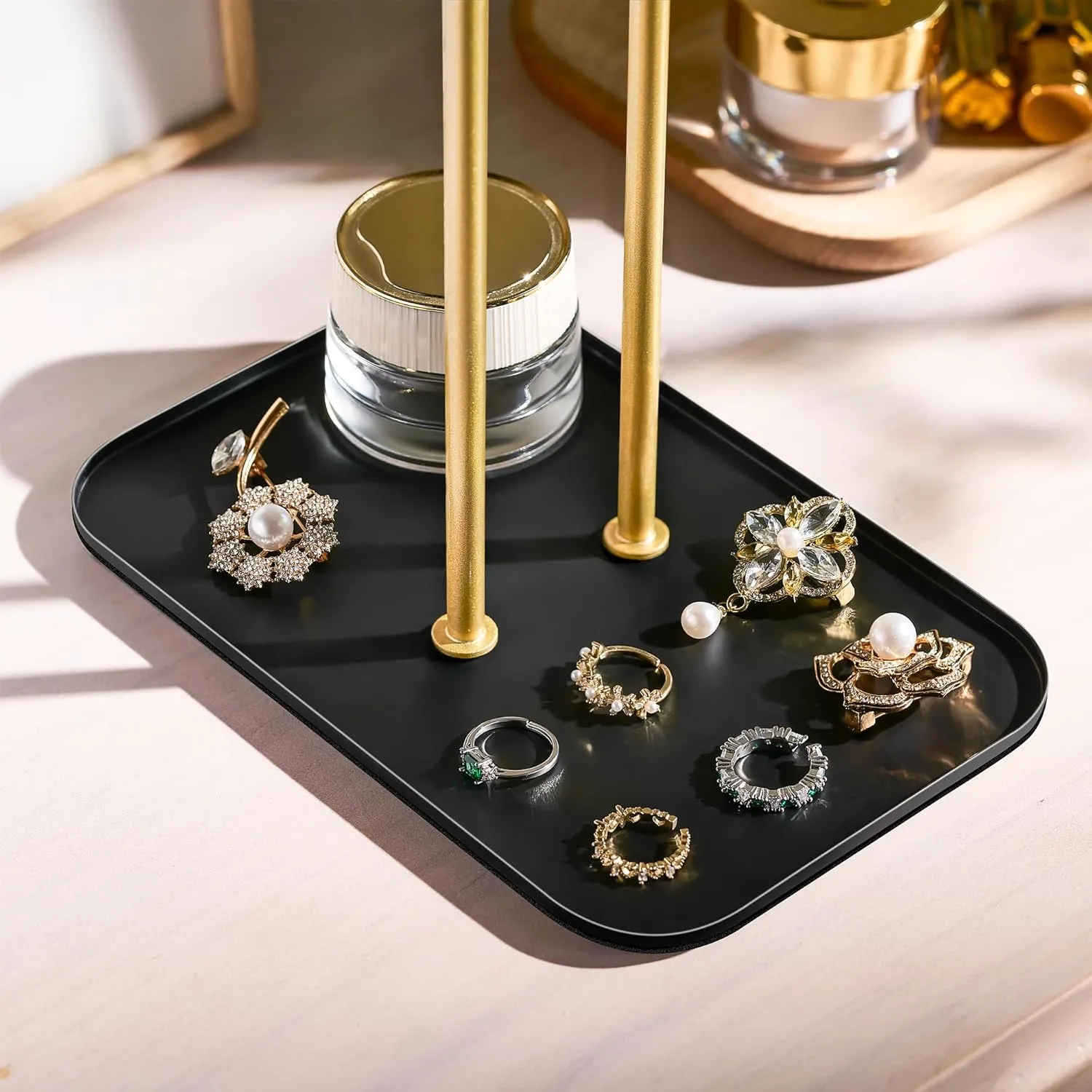 pickpiff Necklace Holder Jewelry Organizer Stand  2Tier TBar Jewelry Display Tree with Tray for Countertop Necklace Bracelet Earring Storage, Vanity Dresser Bathroom Sink, Black-Gold