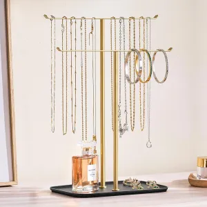 pickpiff Necklace Holder Jewelry Organizer Stand  2Tier TBar Jewelry Display Tree with Tray for Countertop Necklace Bracelet Earring Storage, Vanity Dresser Bathroom Sink, Black-Gold