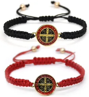 Pingyongchang 2Pcs Catholic Saint Benedict Medal Bracelet Adjustable Braided String Matching Bracelets Handmade Protection Pray Inspirational Religious Jewelry Gifts for Women Men