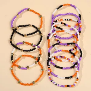 Pingyongchang Cute Halloween Beads Bracelets Set Orange Black Boho Stackable Adjustable Multi Layer Stretch Bangle Bracelet Costumes for Women Men as Halloween Party Vacation Friendship Gifts-12pcs