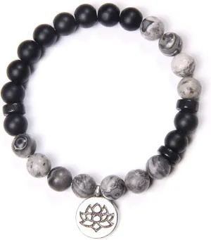 Pink Quartzs Lotus Bracelet Buddhism Women Men Prayer Blessing Natural Stone Strand Beads Medetation Bracelets&Bangles,Map Black Onyx,19cm
