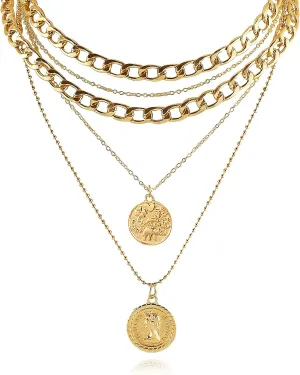 Pirate Necklace for Women Chunky Gold Necklace vintage Pirate Coin Cross Pendant Necklace Fashion Chunky Chain Choker Necklaces Pirate Costume Women Men Jewellery