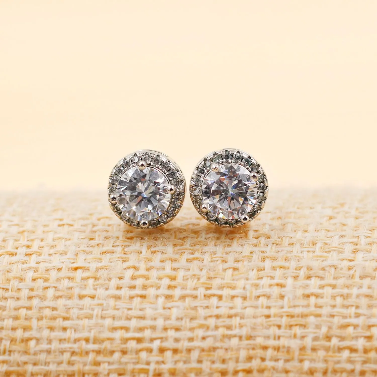 Platinum Plated Round Simulated Diamond Halo Earrings - Cubic Zirconia Stud Earring for Women YA5034