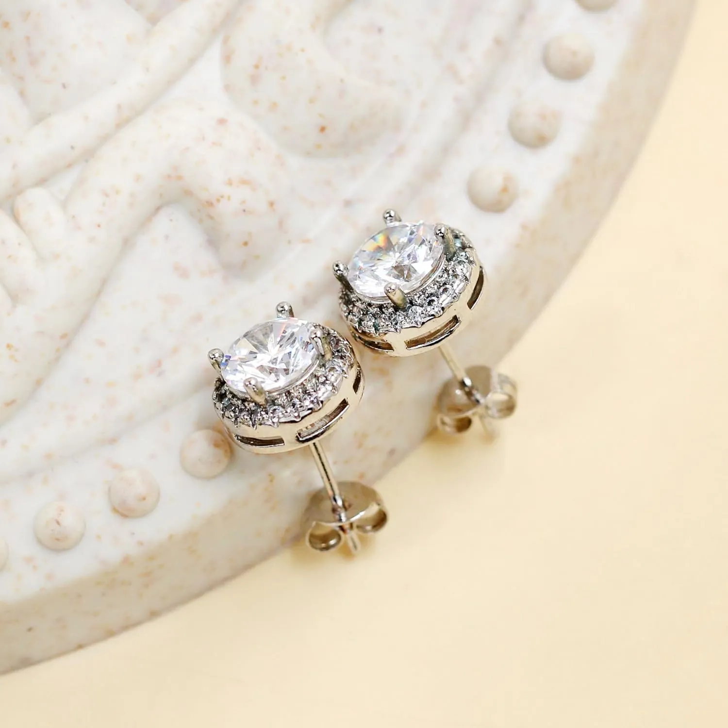 Platinum Plated Round Simulated Diamond Halo Earrings - Cubic Zirconia Stud Earring for Women YA5034