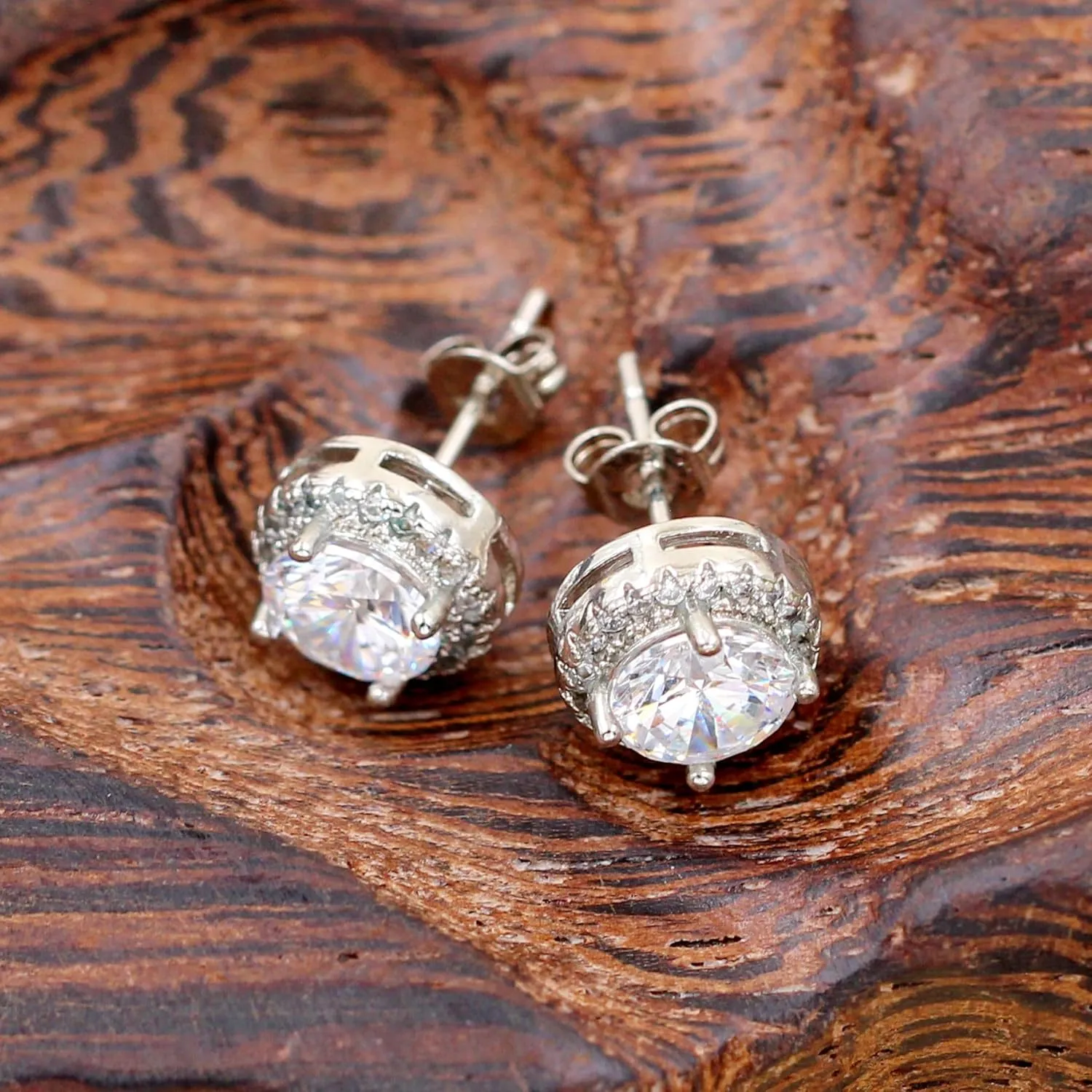 Platinum Plated Round Simulated Diamond Halo Earrings - Cubic Zirconia Stud Earring for Women YA5034