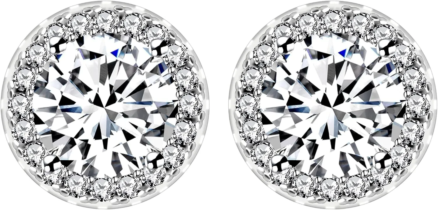 Platinum Plated Round Simulated Diamond Halo Earrings - Cubic Zirconia Stud Earring for Women YA5034