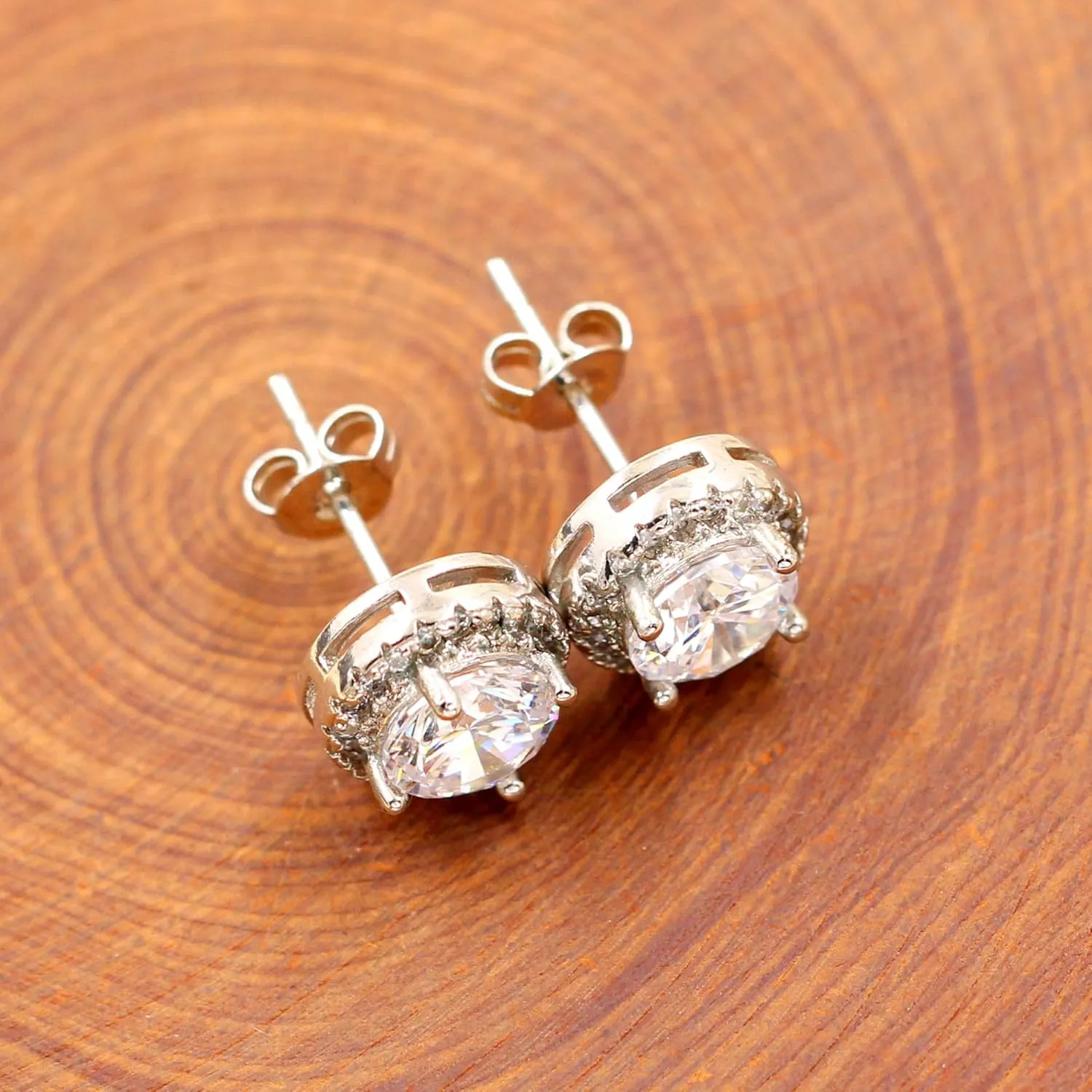 Platinum Plated Round Simulated Diamond Halo Earrings - Cubic Zirconia Stud Earring for Women YA5034