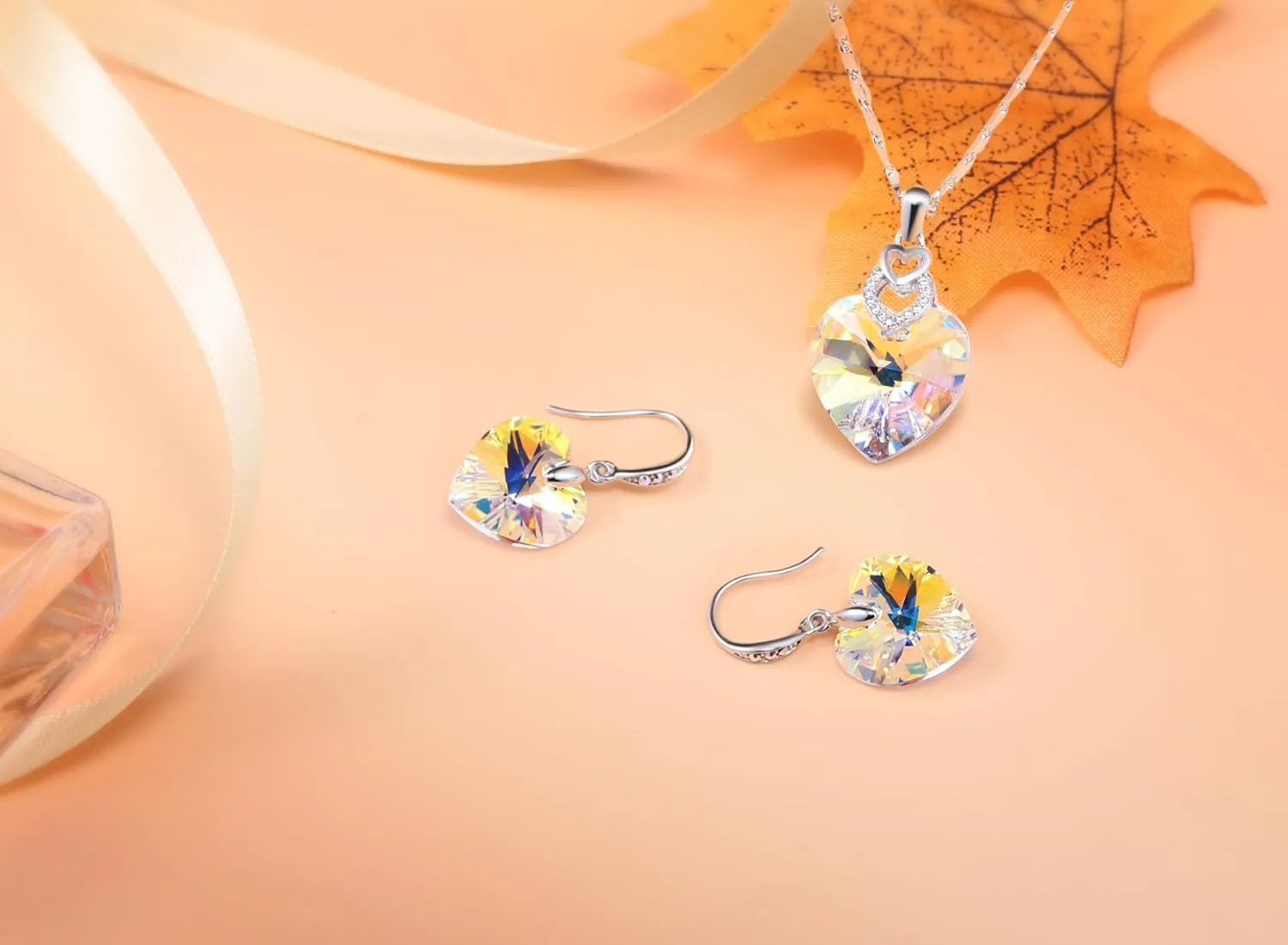 PLATO H Crystal Heart Necklace and Earrings Set Gift for Women with Box Valentine's Anniversary Day Mother's Day for Her