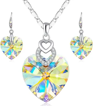 PLATO H Crystal Heart Necklace and Earrings Set Gift for Women with Box Valentine's Anniversary Day Mother's Day for Her
