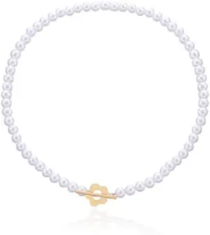 Plum Blossom Daisy Flower Choker Necklace Crystal Beaded Imitation Pearl Toggle Clasp for Women Elegant Boho Clavicle Chains Minimalist Jewelry