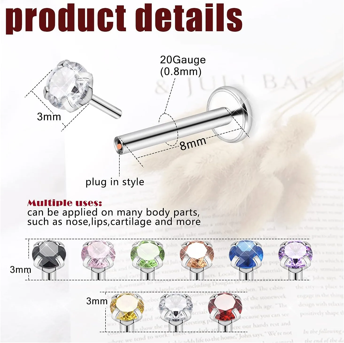 Prjndjw 20G 18G 16G Flat Back Studs Earrings Surgical Stainless Steel Labret Jewelry Monroe Lip Rings Cartilage Tragus Helix Push Nose Ring Medusa Piercing Jewelry for Women Men 3mm