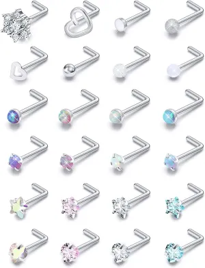 Prjndjw 20G Surgical Steel Nose Rings and Studs - Glow Dark Heart Opal CZ Flower Piercing Jewelry for Women - 38Pcs 6.5mm Straight Bend L Shaped Piercing Kit