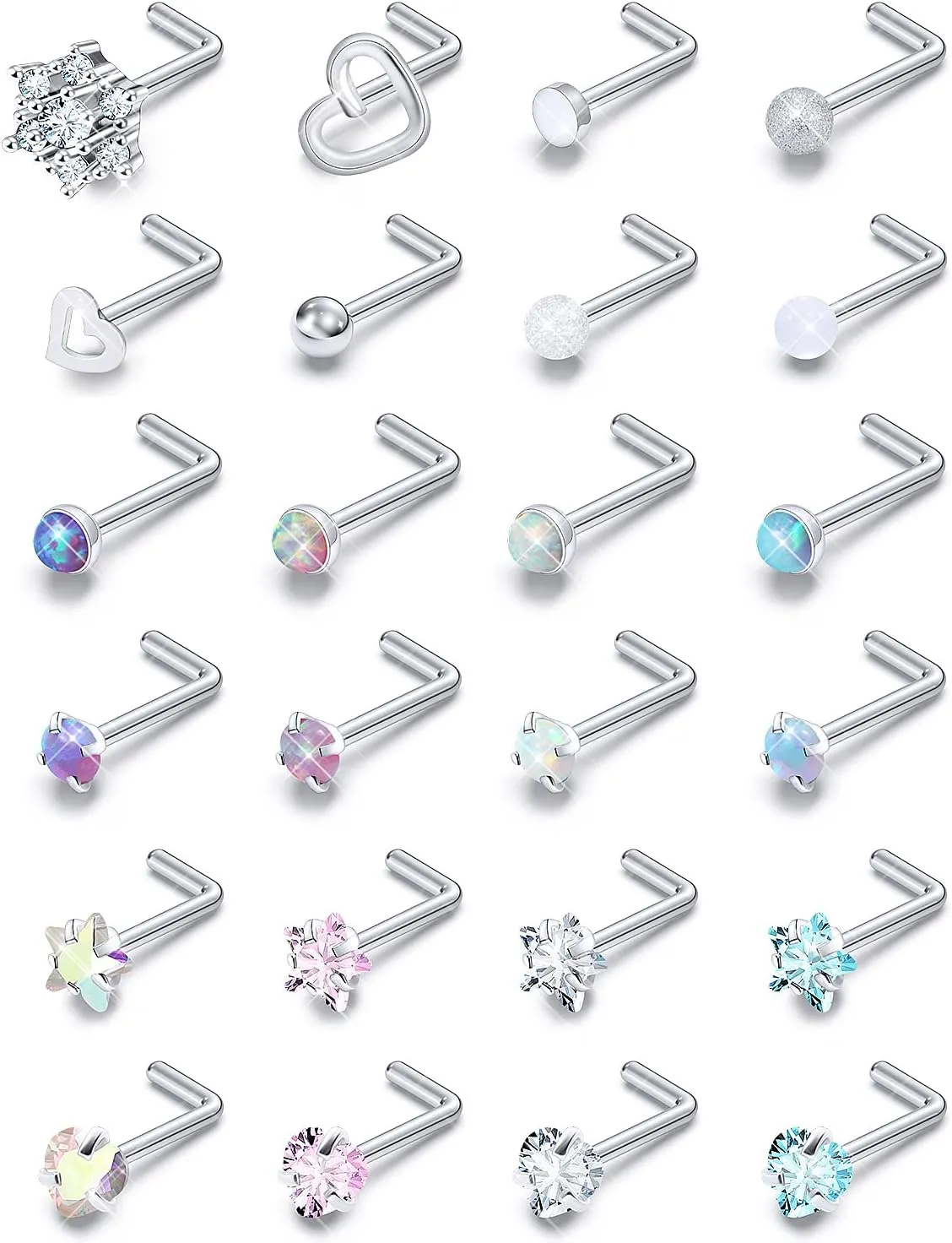 Prjndjw 20G Surgical Steel Nose Rings and Studs - Glow Dark Heart Opal CZ Flower Piercing Jewelry for Women - 38Pcs 6.5mm Straight Bend L Shaped Piercing Kit