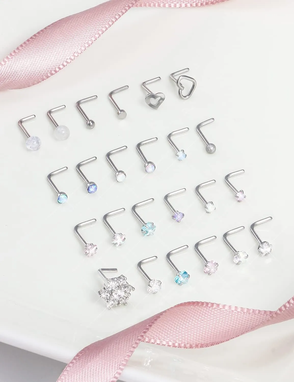 Prjndjw 20G Surgical Steel Nose Rings and Studs - Glow Dark Heart Opal CZ Flower Piercing Jewelry for Women - 38Pcs 6.5mm Straight Bend L Shaped Piercing Kit