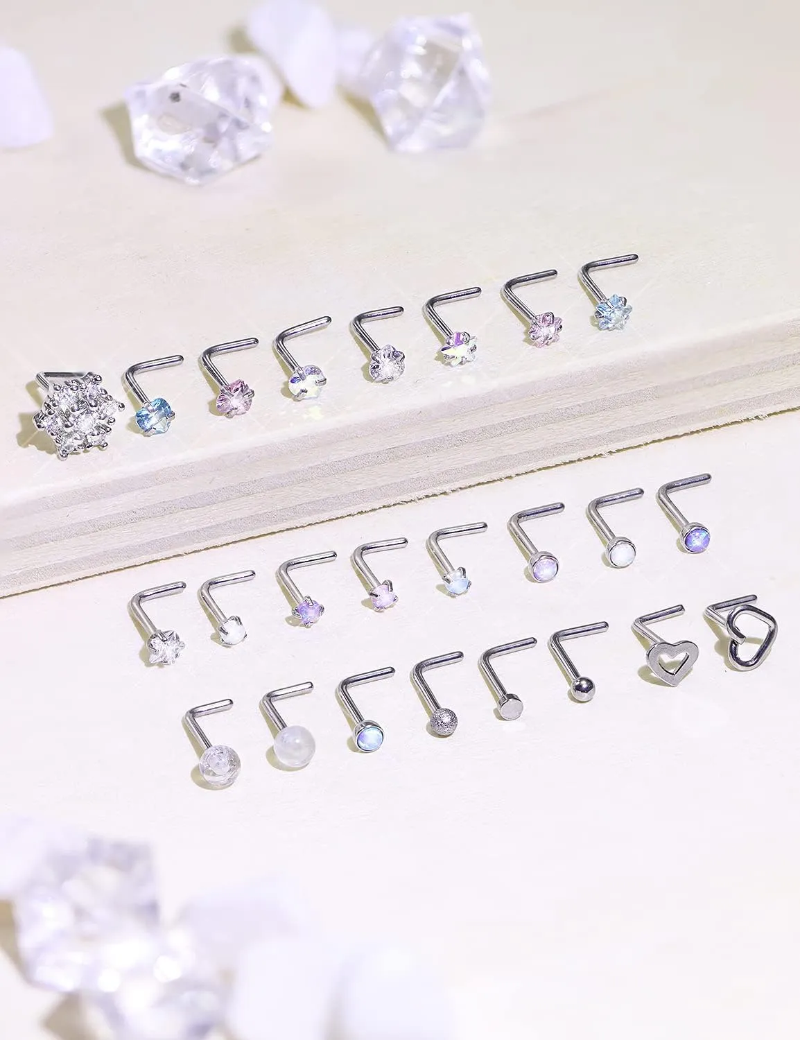 Prjndjw 20G Surgical Steel Nose Rings and Studs - Glow Dark Heart Opal CZ Flower Piercing Jewelry for Women - 38Pcs 6.5mm Straight Bend L Shaped Piercing Kit