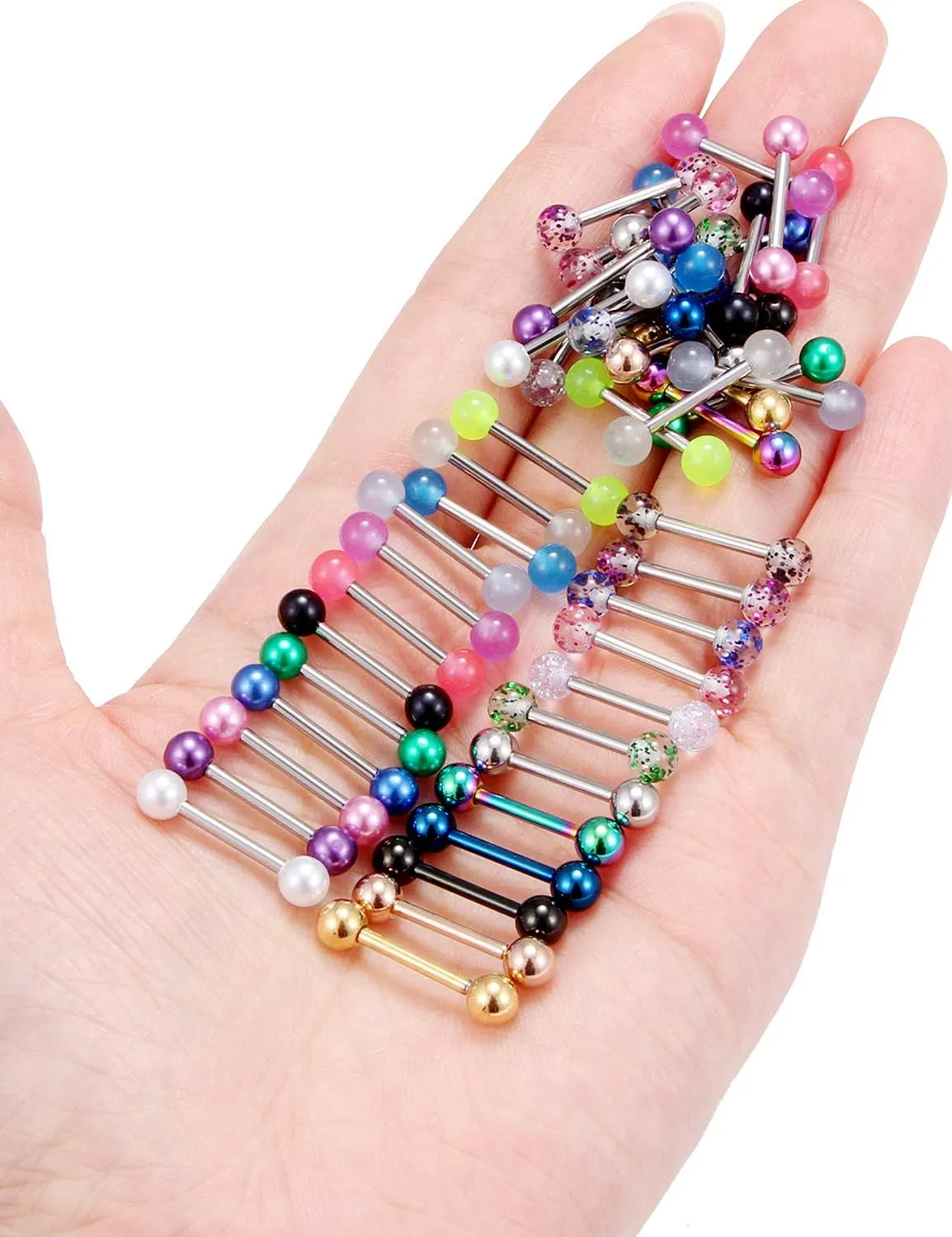 Prjndjw 24-48Pcs Nipple Rings Tongue Rings Surgical Steel Straight 14G Barbells Piercing Jewelry 12MM 14MM 16MM 19MM 22MM for Women Men Glow in The Dark Tongue nipple ring
