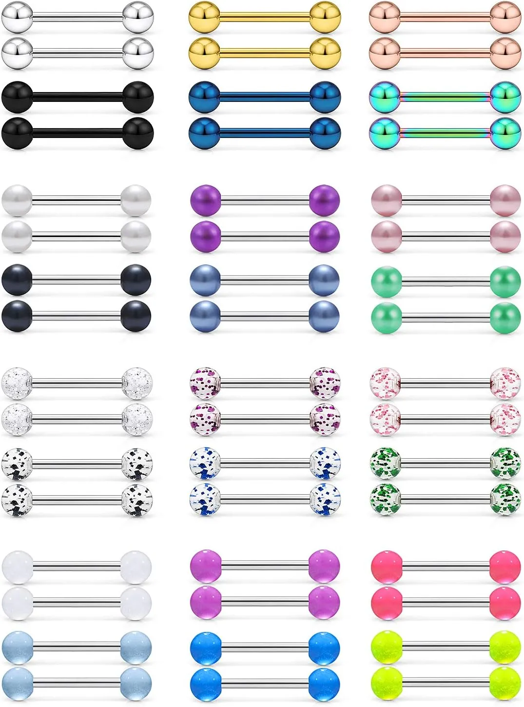 Prjndjw 24-48Pcs Nipple Rings Tongue Rings Surgical Steel Straight 14G Barbells Piercing Jewelry 12MM 14MM 16MM 19MM 22MM for Women Men Glow in The Dark Tongue nipple ring