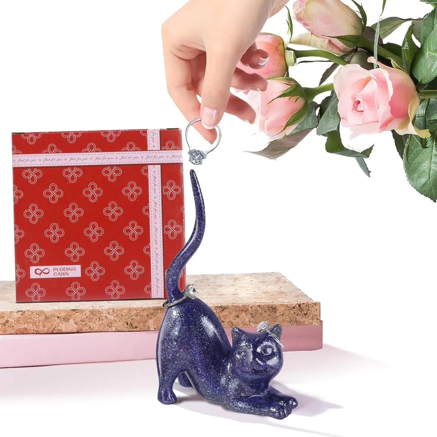 PUDDING CABIN Cat Lover Gifts for Women - Purple Cat Ring Holder Ring Stand Organizer - Purple Preppy Room Decor Aesthetic -Mothers Day Birthday Gifts for Women Mom Girls