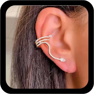 Punk Crystal Snake Ear Cuff Earrings Rhinestone Cuff Wrap Earring Gold Cz Snake Earrings Cz Serpent Climber Crawler Cuff Earring Layered Helix Fake Jewelry for Women
