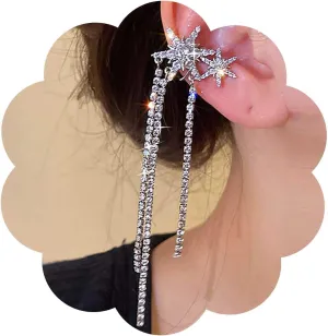 Punk Crystal Star Ear Cuff Earrings Silver Tennis Cuff Chain Earrings Long Rhinestone Tassel Earrings Cz Star Cuff Wrap Earrings Rhinestone Star Ear Crawler Chain Cuff Earrings(Silver Left)