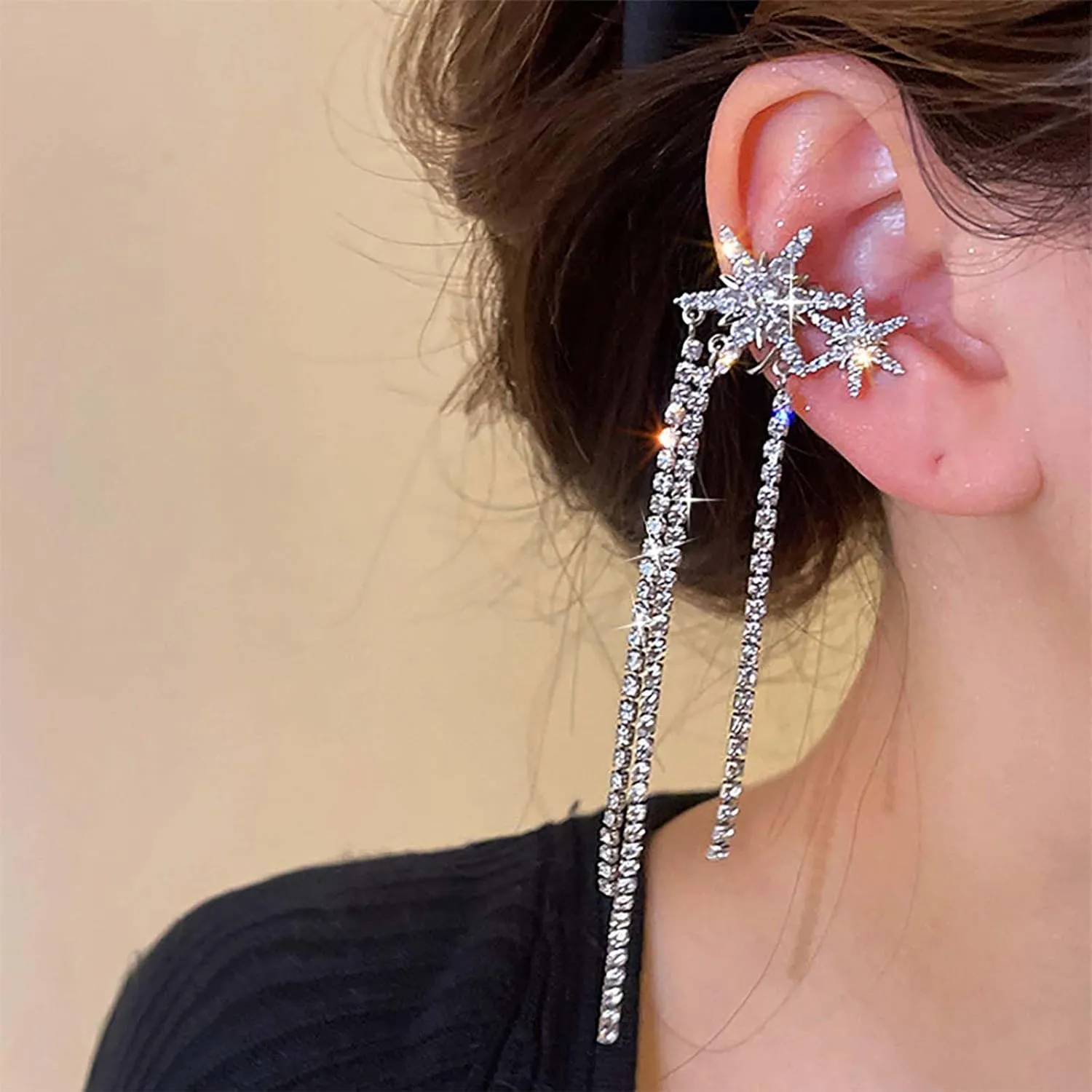 Punk Crystal Star Ear Cuff Earrings Silver Tennis Cuff Chain Earrings Long Rhinestone Tassel Earrings Cz Star Cuff Wrap Earrings Rhinestone Star Ear Crawler Chain Cuff Earrings(Silver Left)
