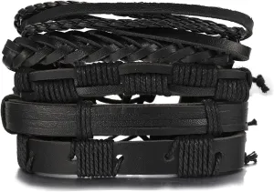 Punk Leather Rock Bracelets for Men Women,Retro Beads Bracelets Set Black Gothic Steampunk 80s Wristband for Biker Hip Hop Vintage Accessories Jewelry