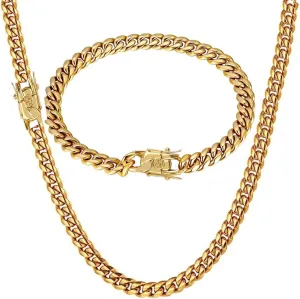 putouzip Miami Cuban Link Chain Set For Men 18K Gold Plated Stainless Steel 6mm Womens Bracelet Necklace Diamond Chains