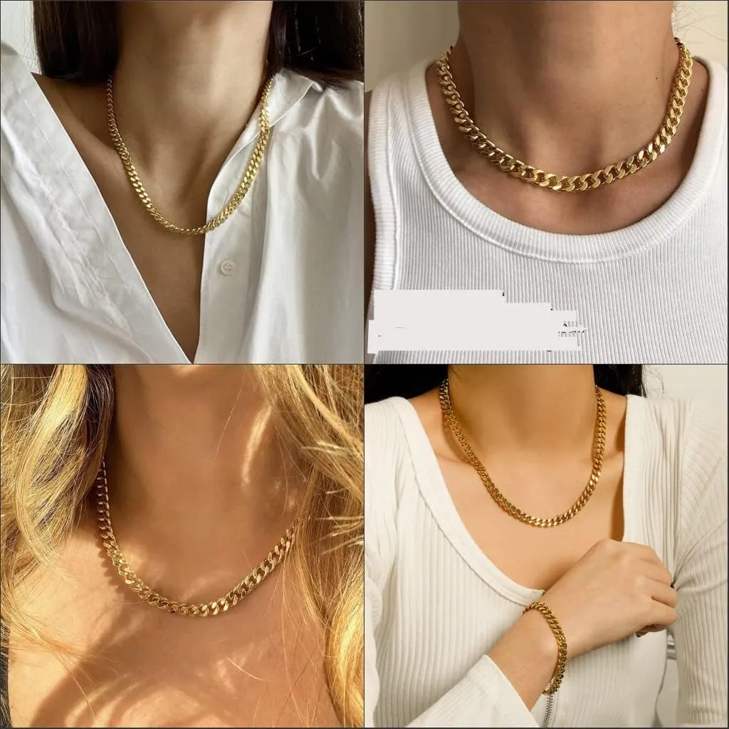 putouzip Miami Cuban Link Chain Set For Men 18K Gold Plated Stainless Steel 6mm Womens Bracelet Necklace Diamond Chains