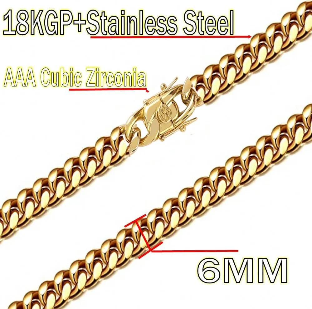 putouzip Miami Cuban Link Chain Set For Men 18K Gold Plated Stainless Steel 6mm Womens Bracelet Necklace Diamond Chains