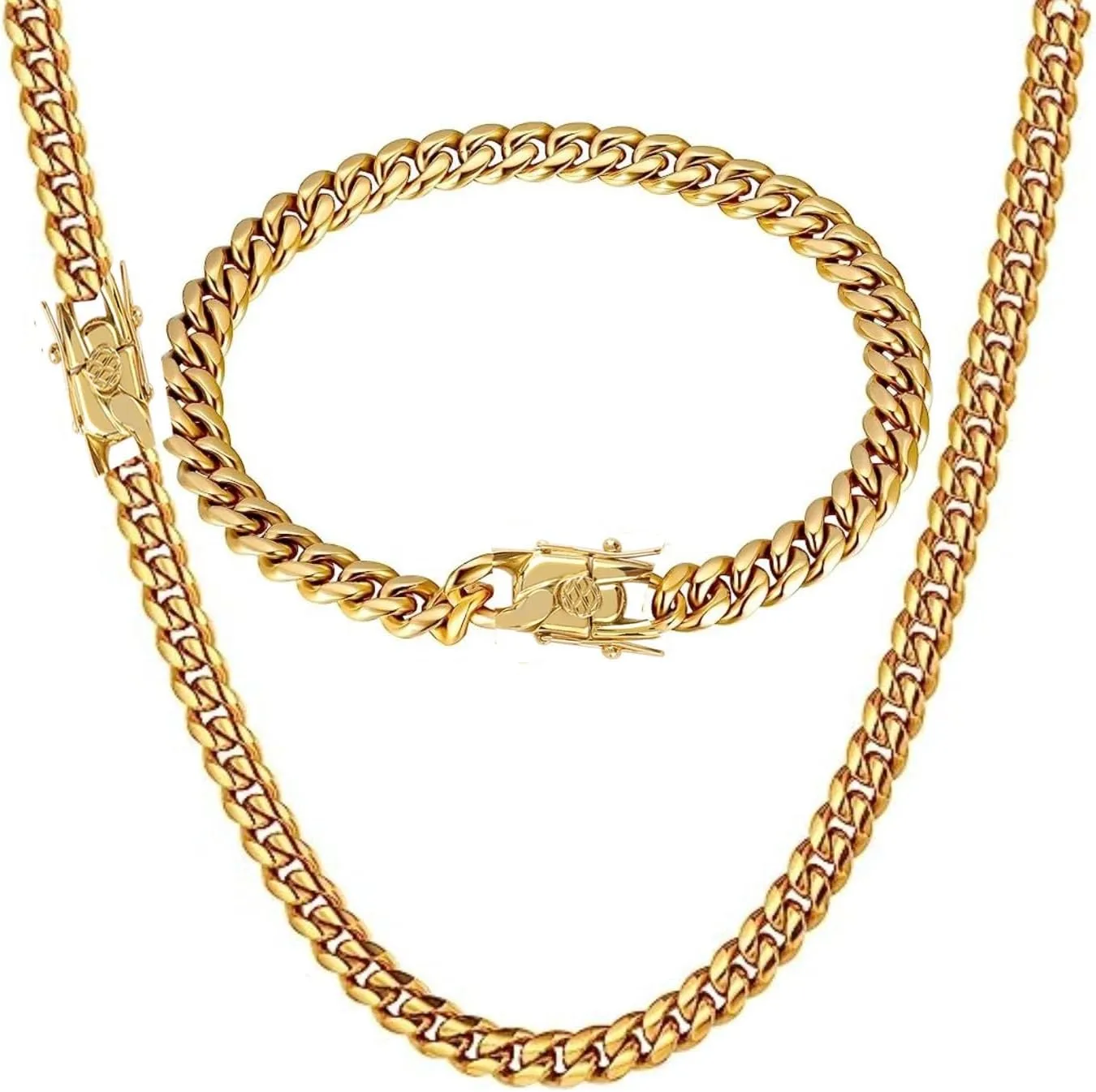 putouzip Miami Cuban Link Chain Set For Men 18K Gold Plated Stainless Steel 6mm Womens Bracelet Necklace Diamond Chains