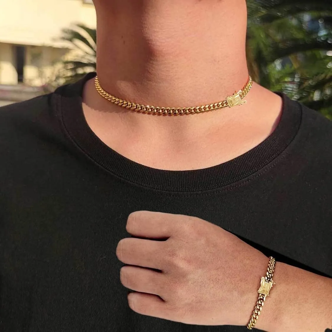 putouzip Miami Cuban Link Chain Set For Men 18K Gold Plated Stainless Steel 8mm Bracelet Necklace Diamond Chains