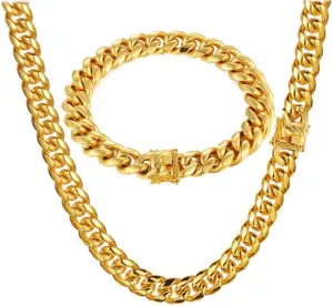 putouzip Miami Cuban Link Chain Set For Men 18K Gold Plated Stainless Steel 8mm Bracelet Necklace Diamond Chains