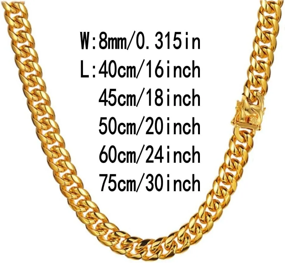 putouzip Miami Cuban Link Chain Set For Men 18K Gold Plated Stainless Steel 8mm Bracelet Necklace Diamond Chains