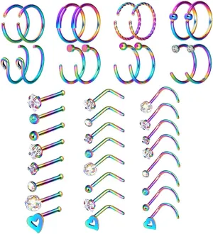 Qmcandy 24pcs-100pcs 20G Nose Rings Studs Nose Rings Hoop Fashion Piercings Hoop Jewelry Stainless Steel Nose Rings