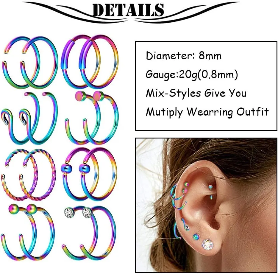 Qmcandy 24pcs-100pcs 20G Nose Rings Studs Nose Rings Hoop Fashion Piercings Hoop Jewelry Stainless Steel Nose Rings