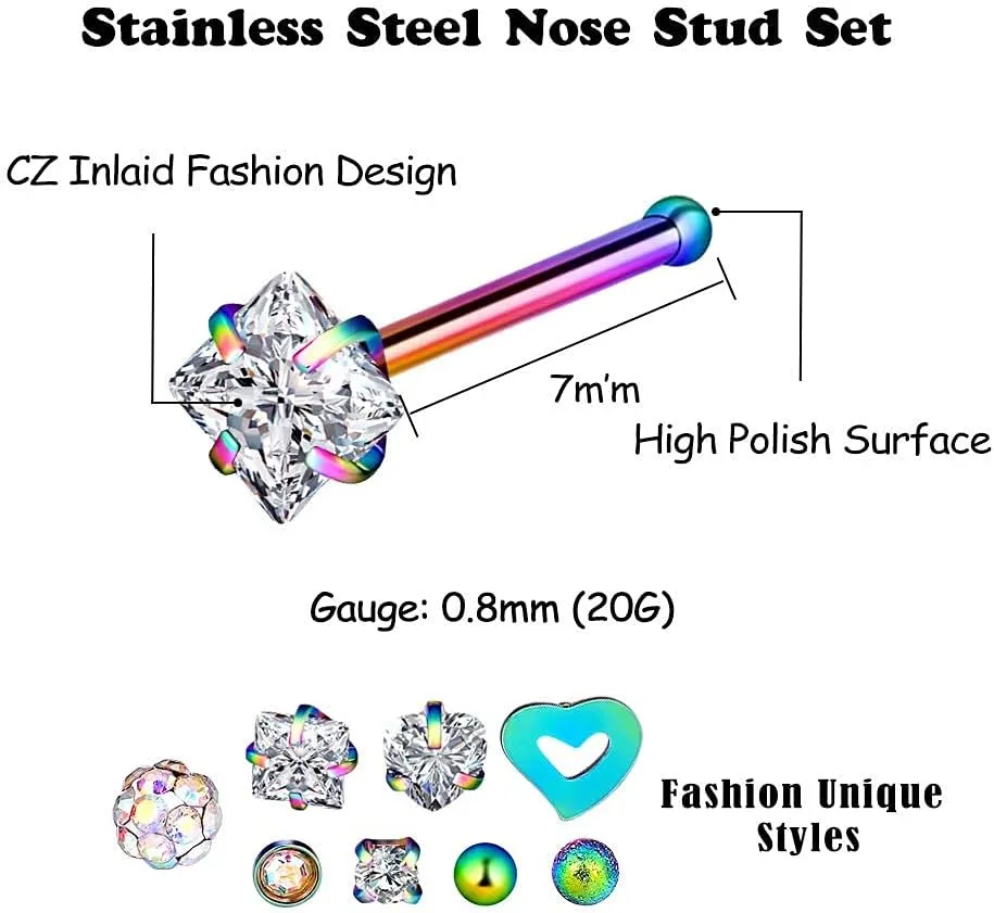 Qmcandy 24pcs-100pcs 20G Nose Rings Studs Nose Rings Hoop Fashion Piercings Hoop Jewelry Stainless Steel Nose Rings
