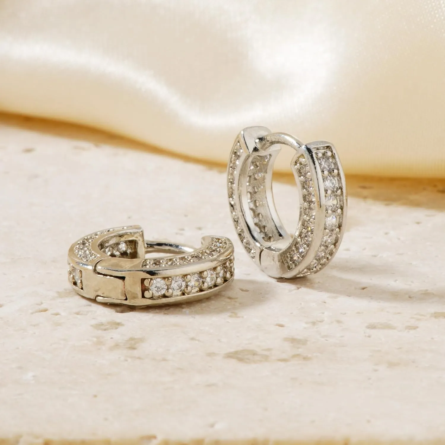 QueenBee Silver & Gold Plated Cubic Zirconia Huggie Hoop Earrings for Women  Double Row Sparkling Hoops, Elegant Women's Jewelry, Stylish Gold Silver Accessories, Gift for Her, Valentines, Birthday, Wedding, Mother's Day Jewelry Gift