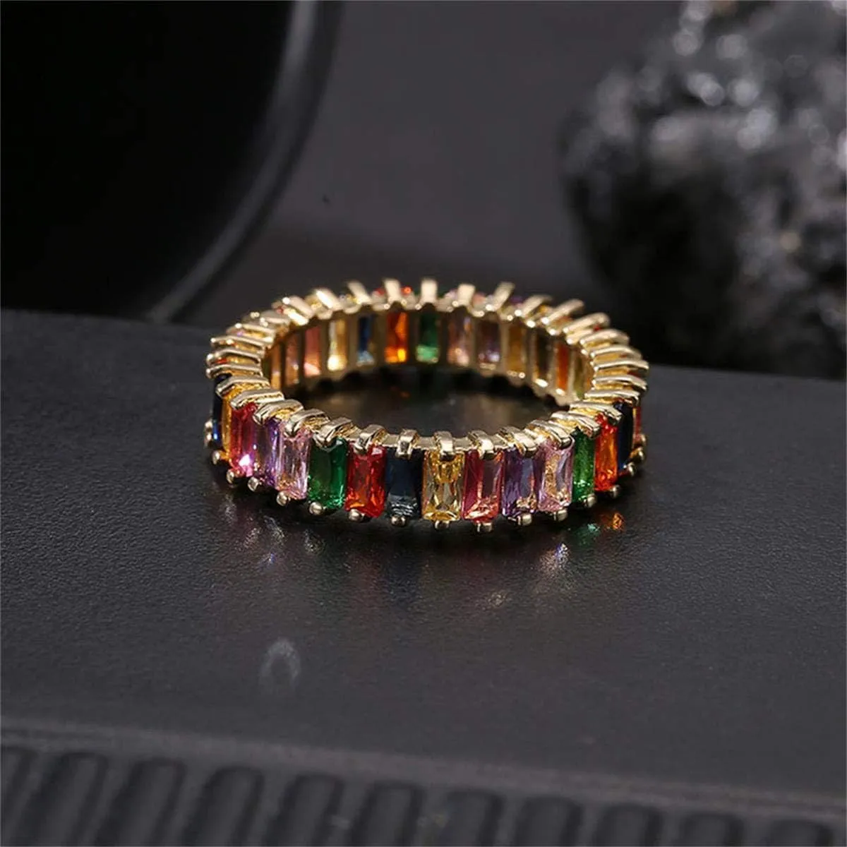 Rainbow Square Baguette Zircon Engagement Ring Colorful Cubic Zirconia Stackable Eternity Band Ring Gold Filled Copper Geometric Thin Line Multicolor Pava CZ Finger Ring for Women Girl Party Jewelry