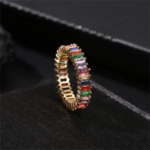 Rainbow Square Baguette Zircon Engagement Ring Colorful Cubic Zirconia Stackable Eternity Band Ring Gold Filled Copper Geometric Thin Line Multicolor Pava CZ Finger Ring for Women Girl Party Jewelry