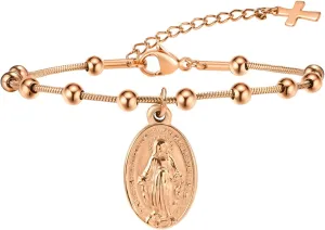 Religious Rosary Bracelet for Women - Gold Plated Stainless Steel Virgin Mary & Cross Charm Prayer Jewelry | Hypoallergenic Faith-Based Gift for Her